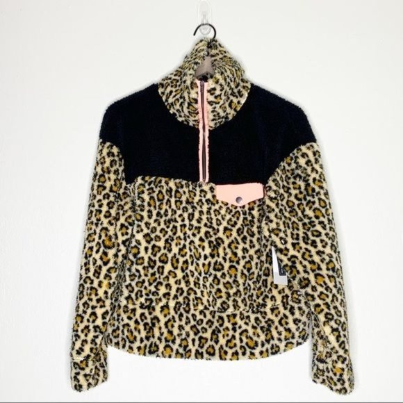 NWT BP. Leopard Print Colorblock Fleece Lng Sleeve Half Zip Pullover Small - Picture 3 of 11
